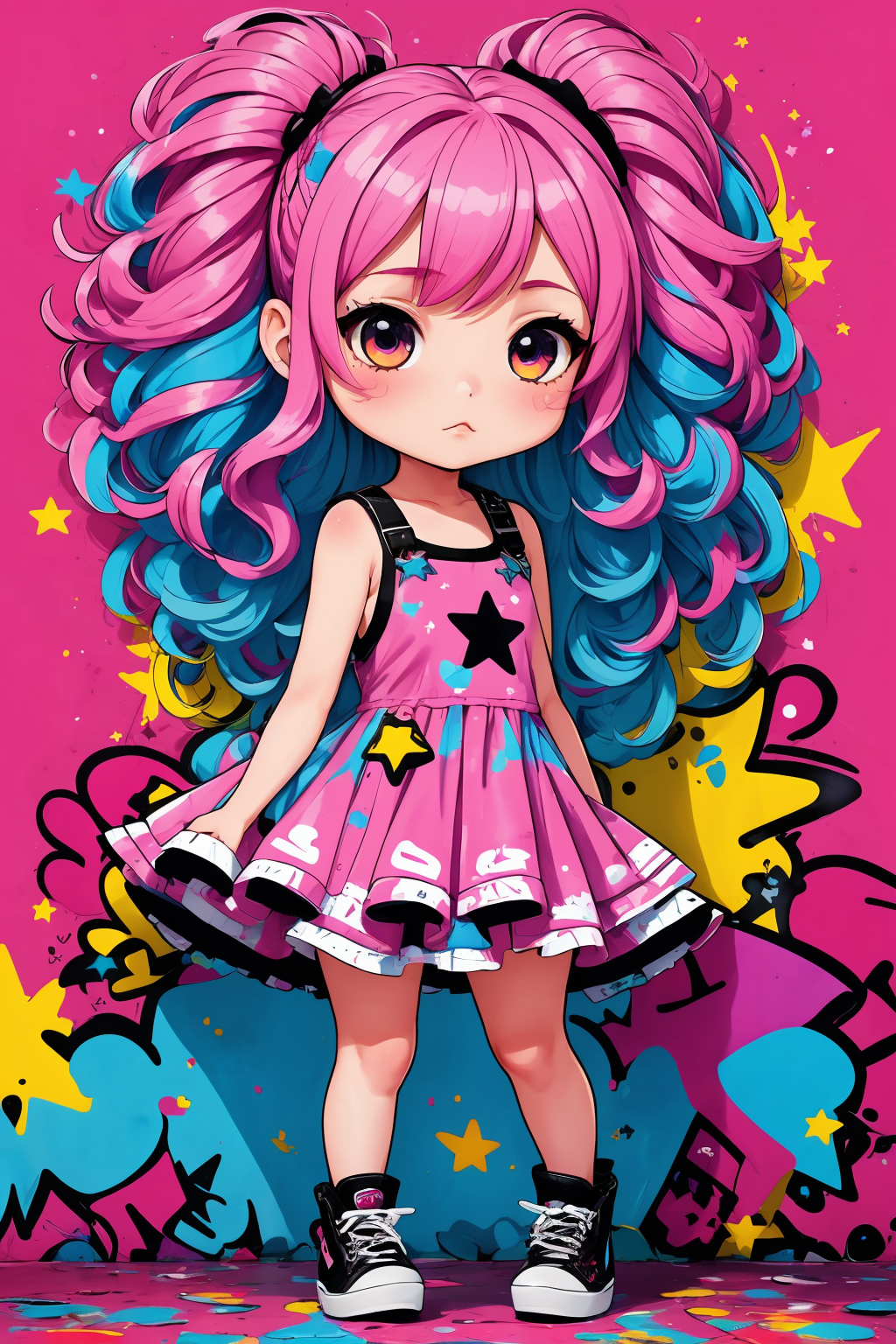 00437-1865383434-masterpiece,best quality,1girl,chibi,cute,big head,graffiti,Pink hair,Layered hair,Skater dress,tuya,Stars,symbols,splash,colorf.png